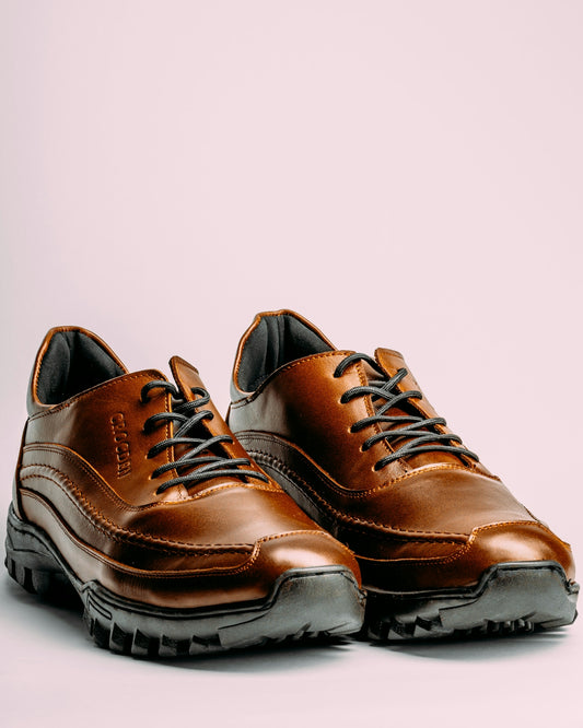 a pair of brown shoes on a white background