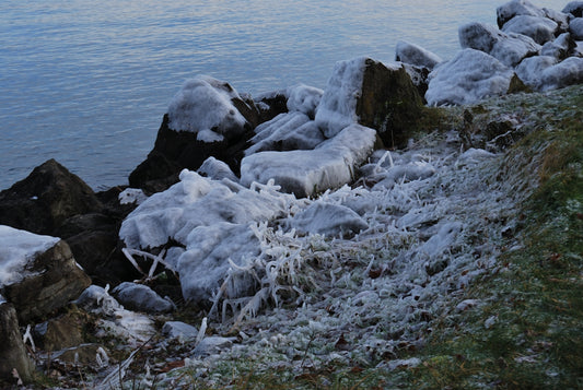 snow covered rocks and grass next to a body of water