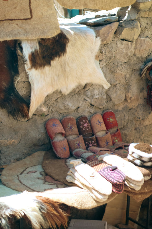 A dog standing next to a pile of shoes