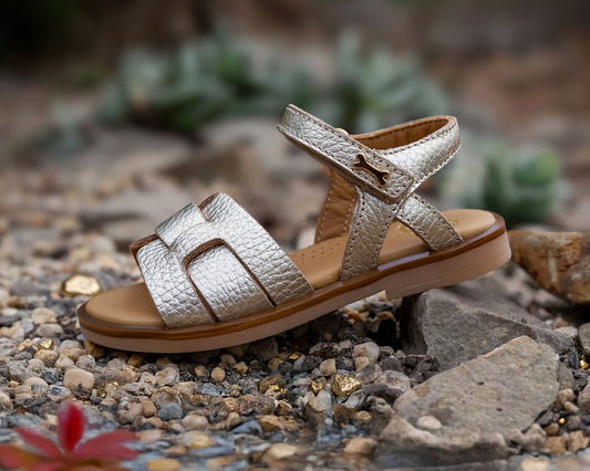 A gold sandal sits on a bed of rocks.